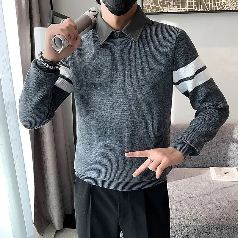 Fake Two Pieces Spliced Stripe Sweater