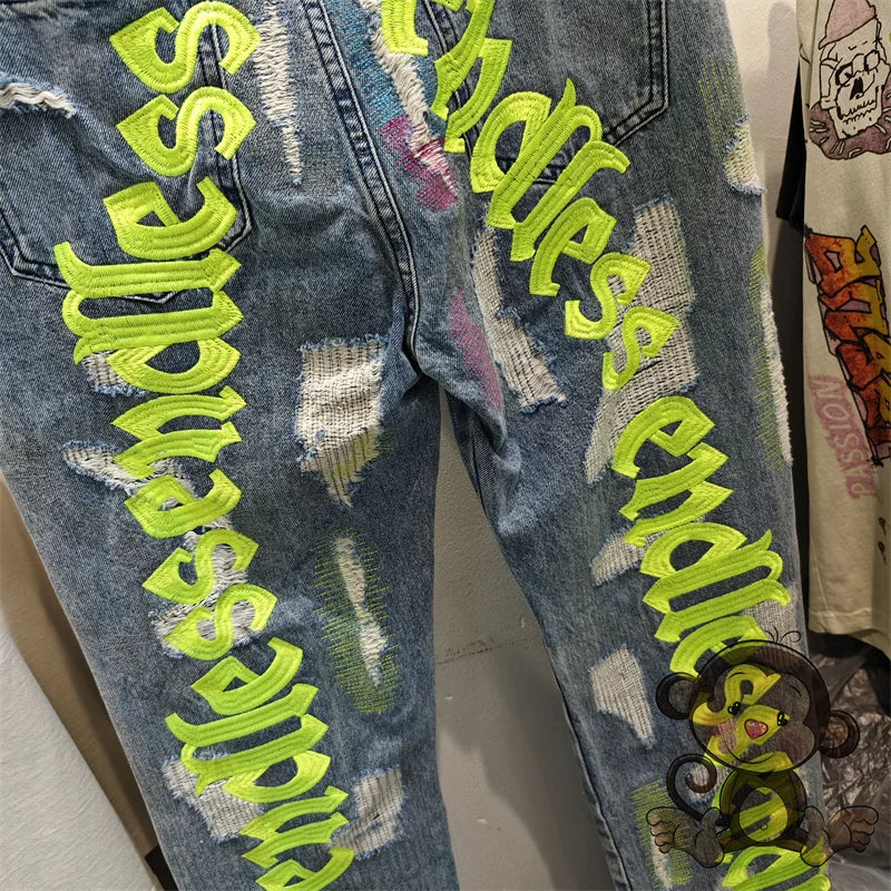 Fluorescent Green Letter Embroidery Jeans