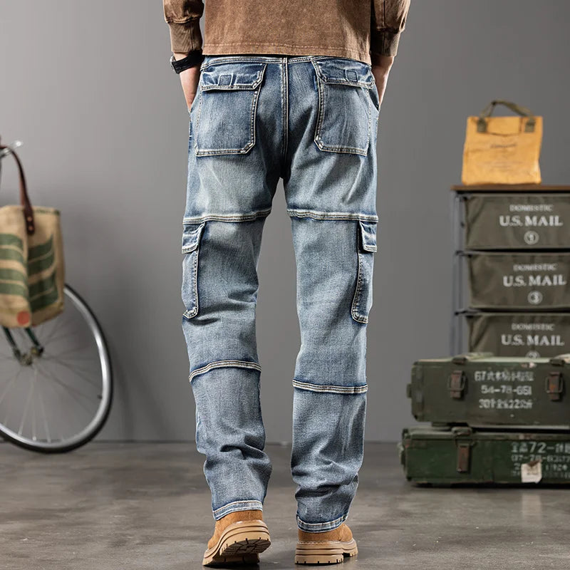 Multi-Pocket Patch Line Straight Jeans