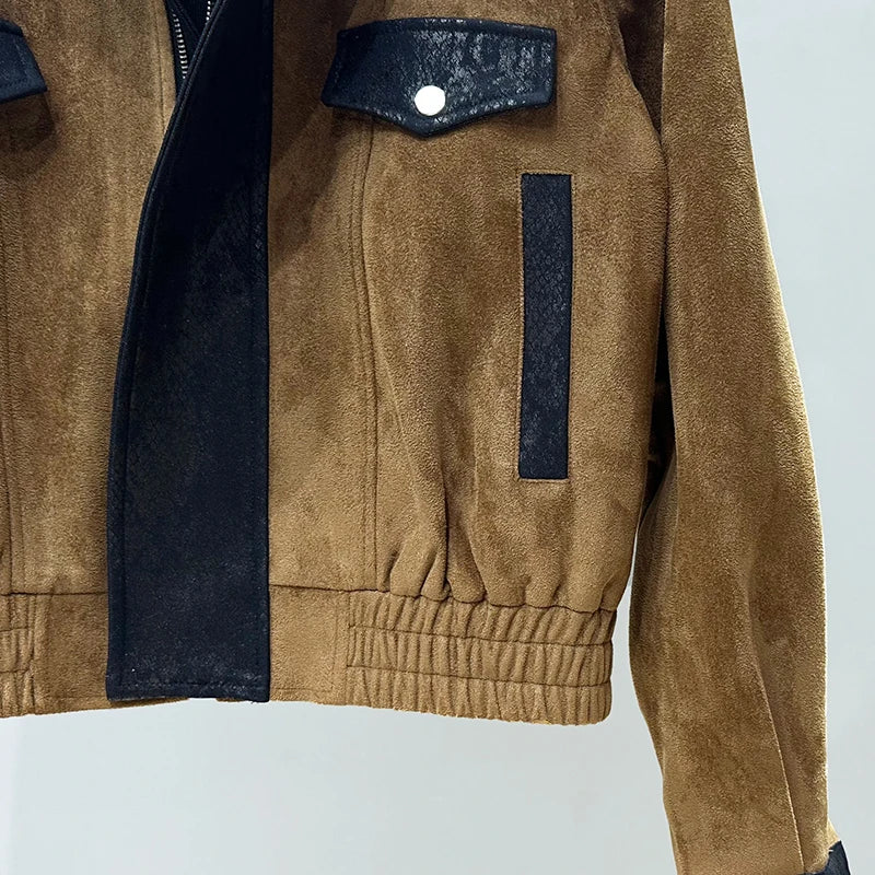 Patchwork Color-Block Lapel Suede Jacket