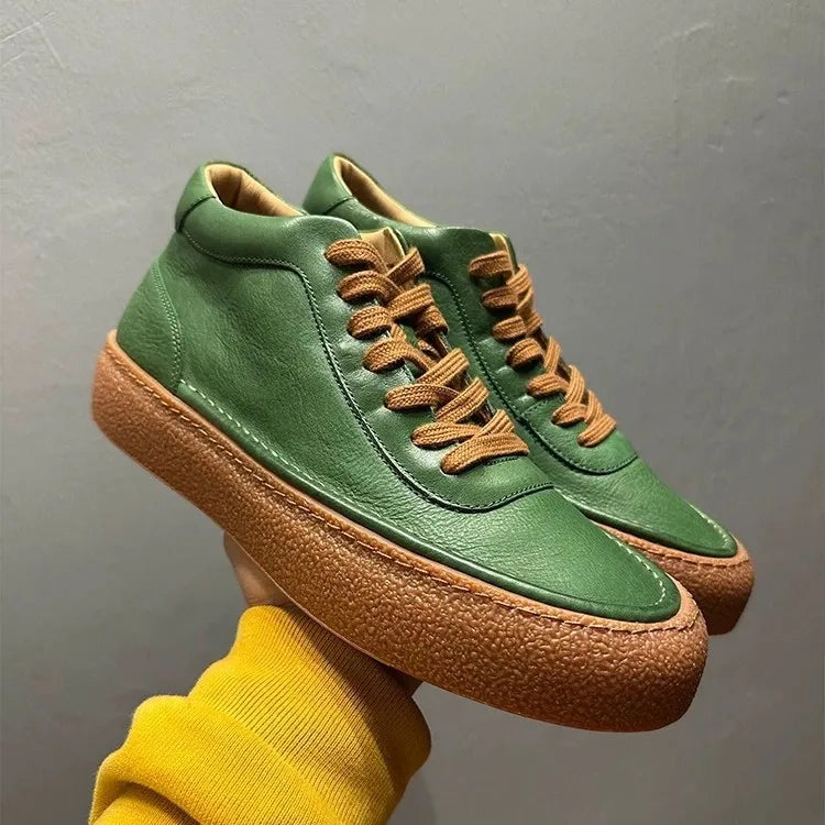 Retro Solid Leather High-Top Sneakers