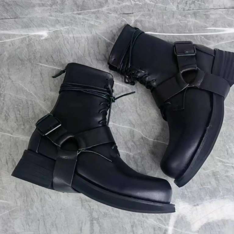 Black Leather Strap Buckle Lace-Up Boots