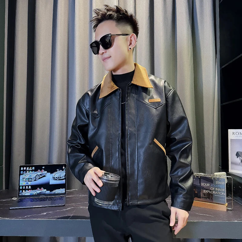 Contrasting Lapel PU Leather Jacket