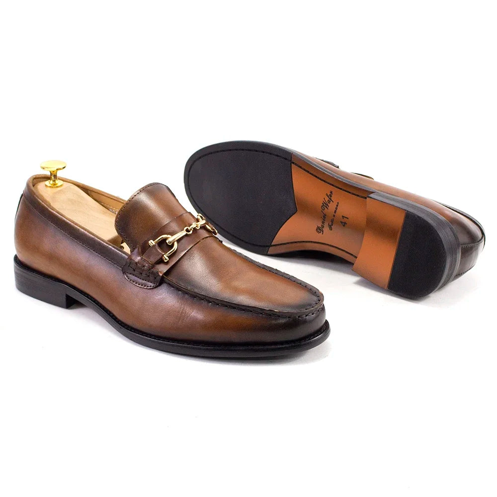 Metal Chain Round-Toe Leather Loafers