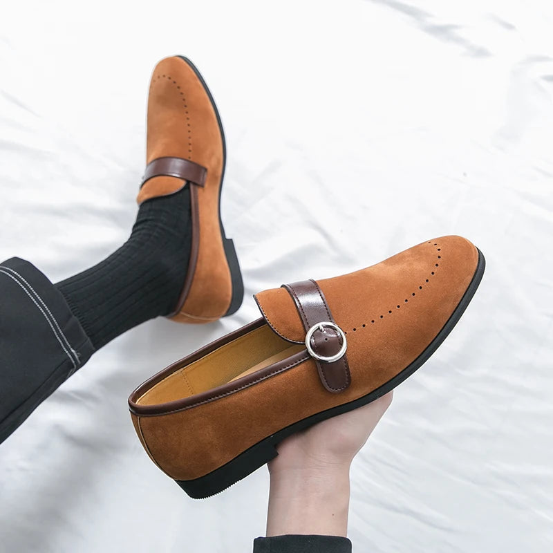 Soft Soled Buckle Frosted Leather Loafers