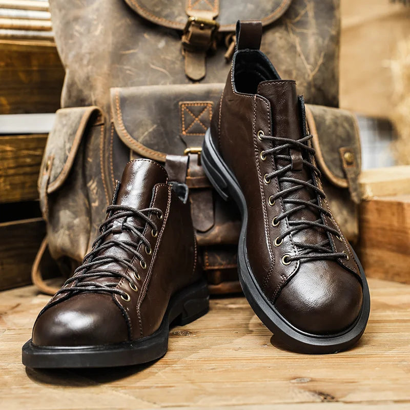 Retro Solid Color Leather High-Top Sneakers