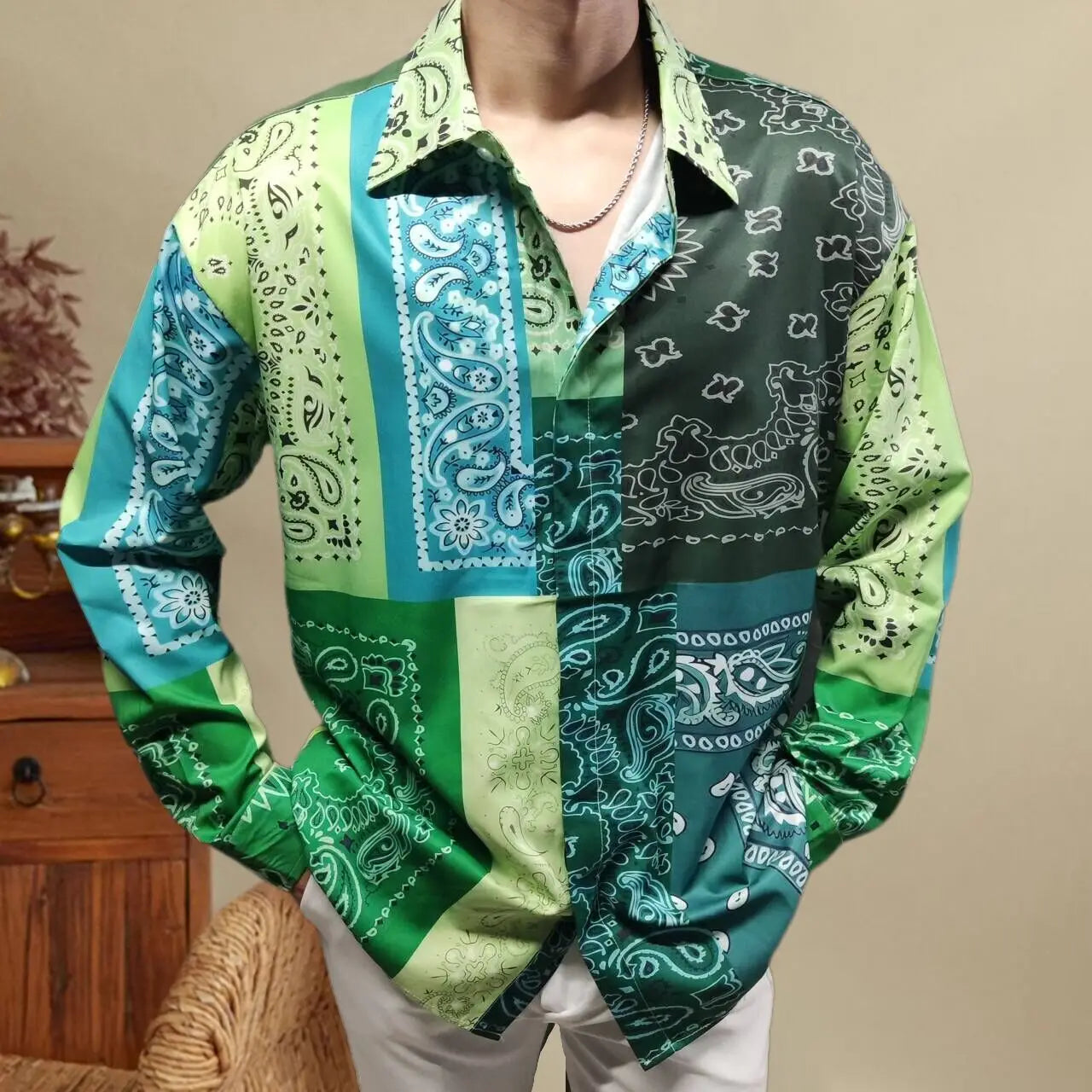 Hip-Hop Green Paisley Print Shirt