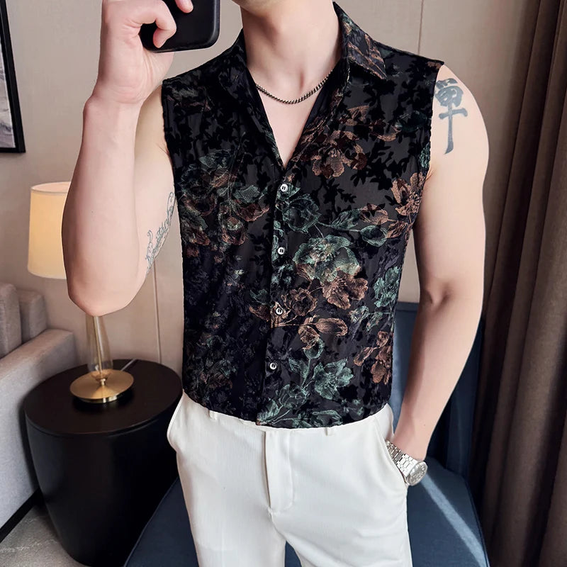 Floral Jacquard Mesh Sleeveless Shirt