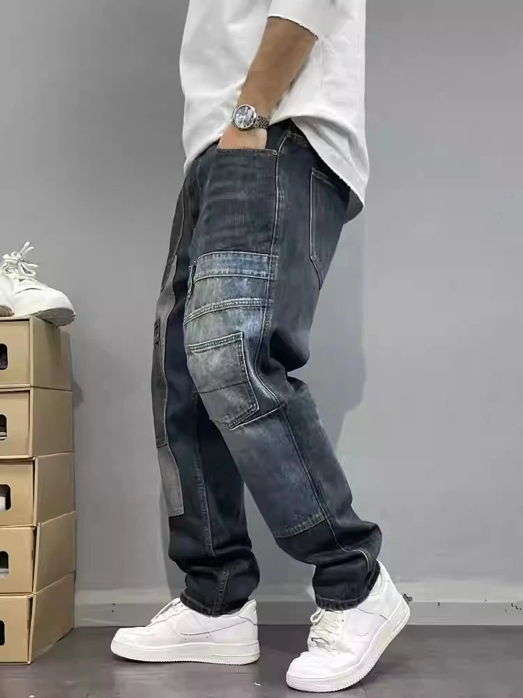 Patchwork Pockets Straight Leg Jeans