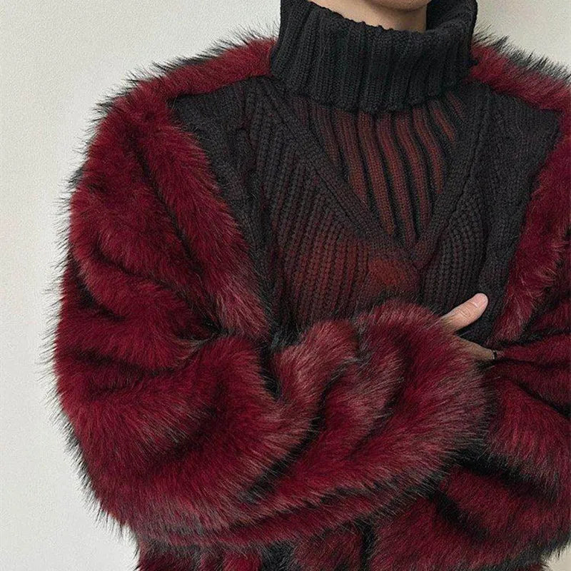 Turtleneck Spliced Fur Cable Knit Oversized Sweater