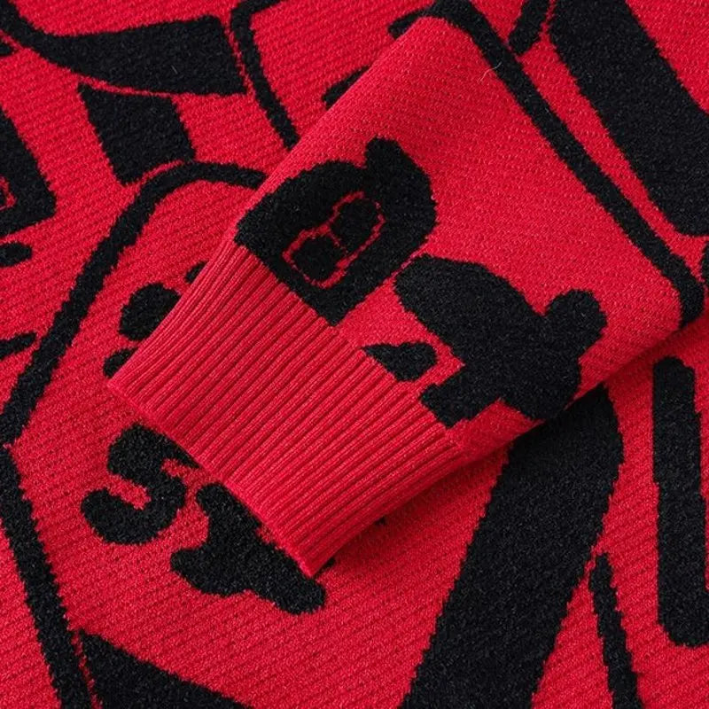 Chinese Letter O-Neck Loose Red Sweater