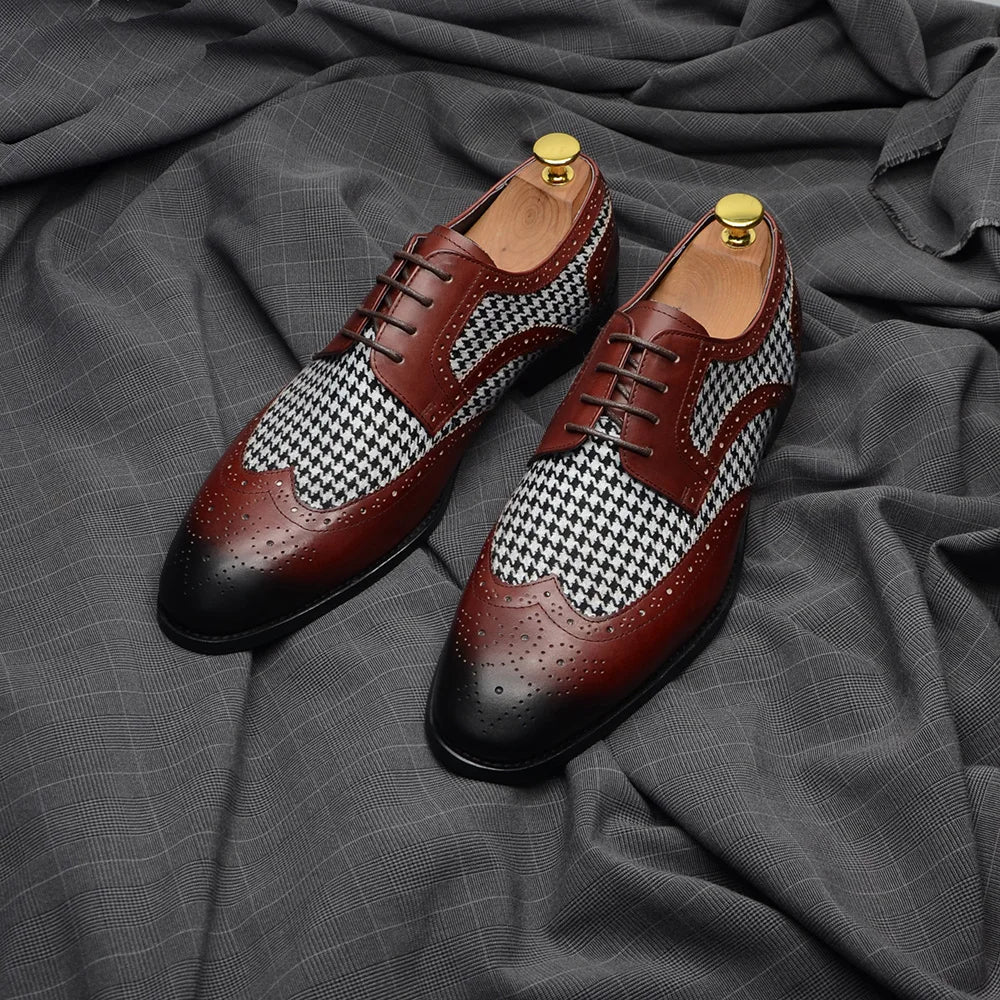 Patchwork Houndstooth Leather Brogue Shoes