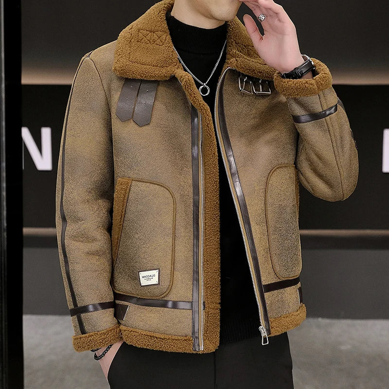 Lines Spliced Faux Fur Pockets Jacket