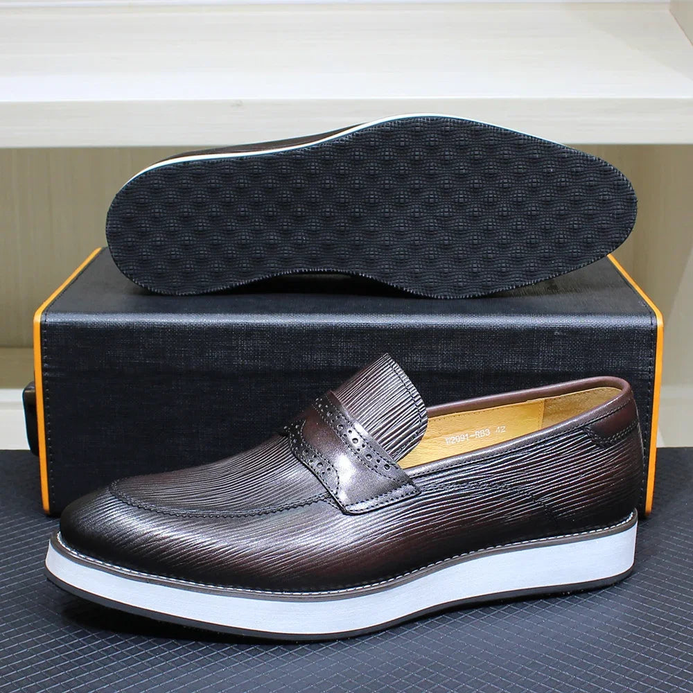 Striped Texture Genuine Leather Loafers
