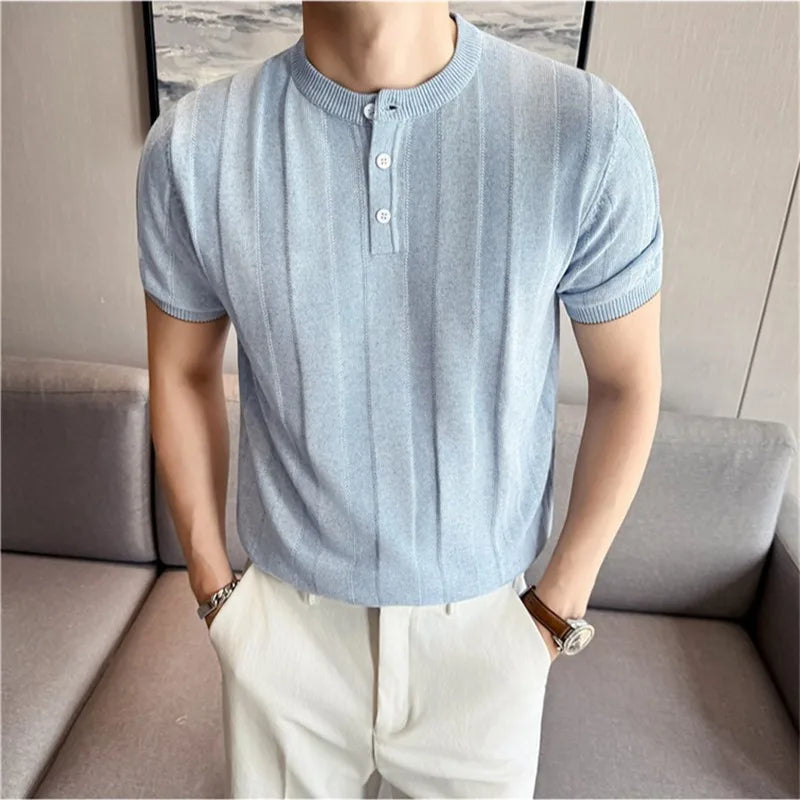 Summer Linen Blend Henry Collar T-Shirt