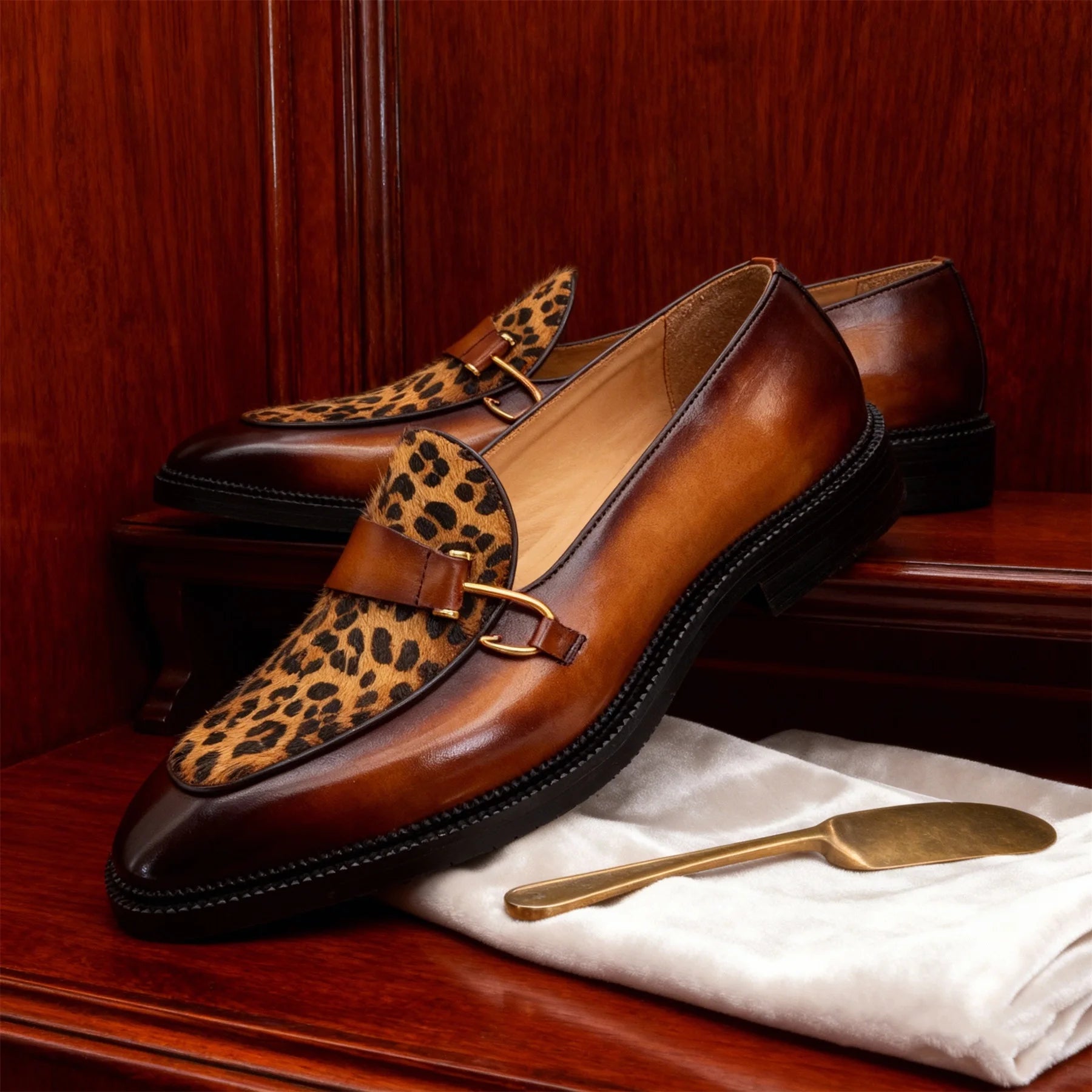 Metal Button Leopard Pattern Loafers