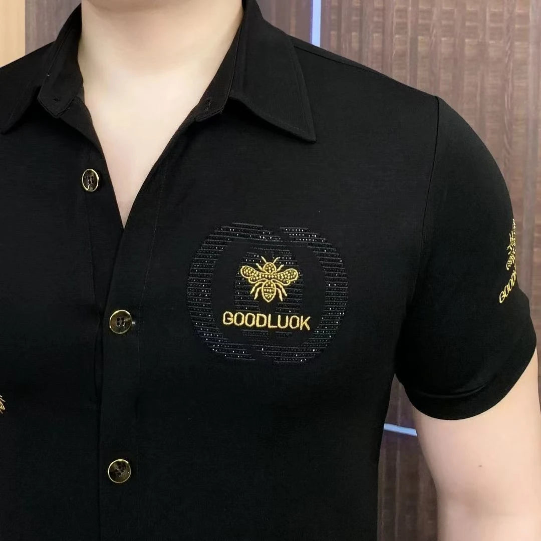 Rhinestone Letter Embroidery Short-Sleeve Shirt