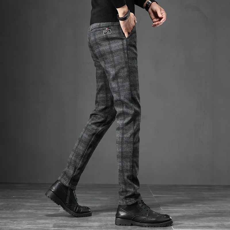 Dark Plaid Casual Slim Fit Trousers