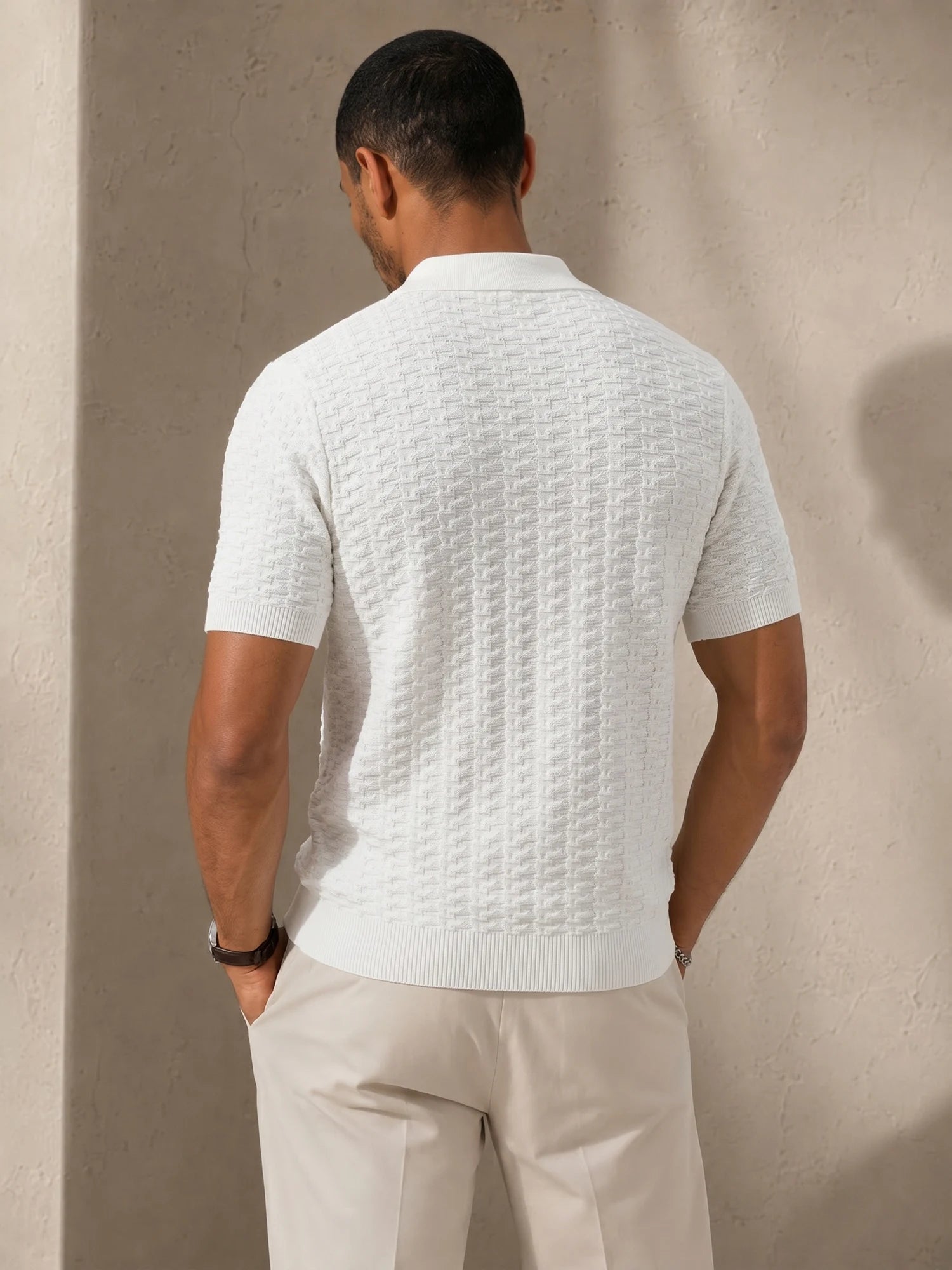 Men's Textured Knitted Zipper Polo Shirt