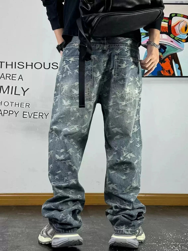 Urban Bird Print Loose-Fit Jeans