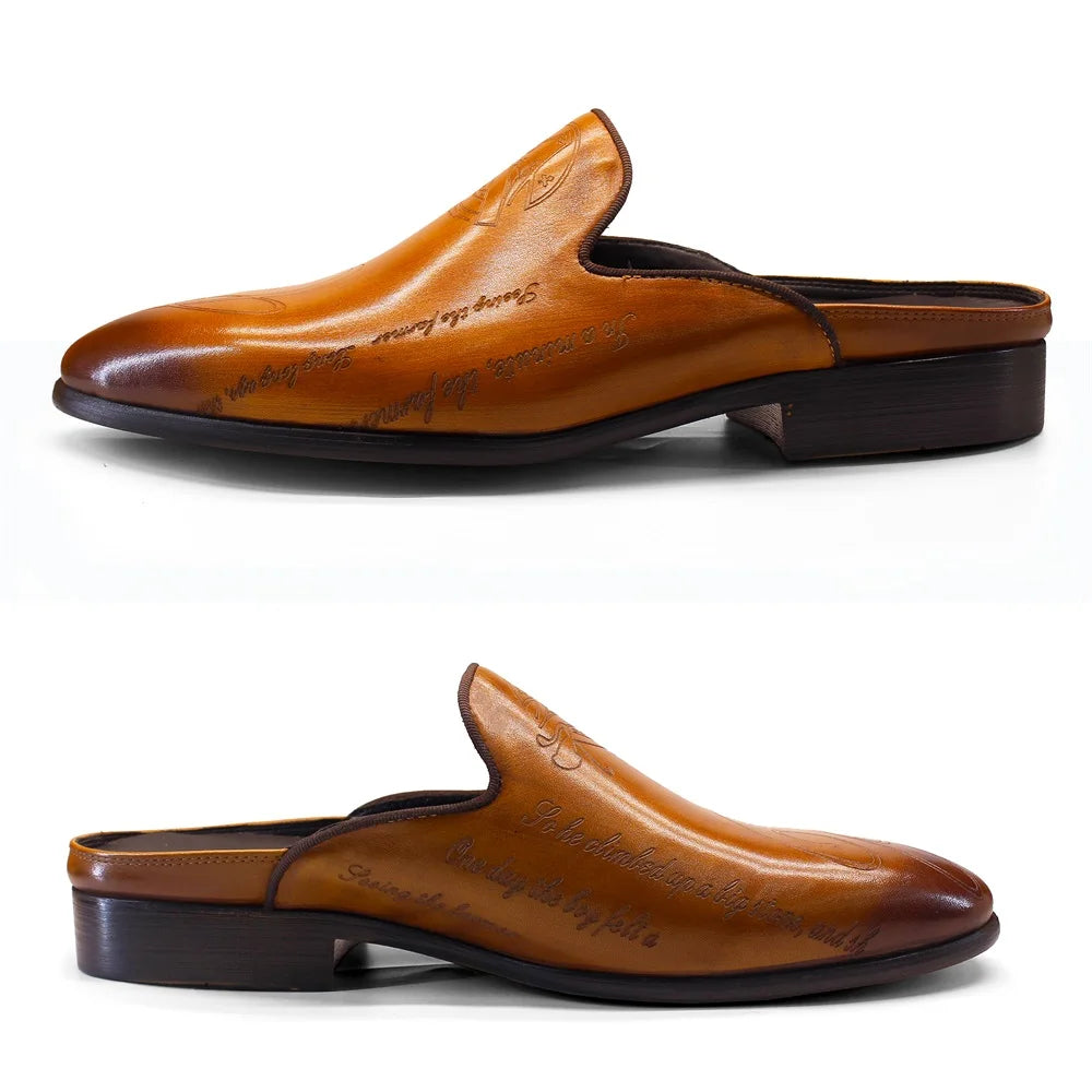 Letter Engraving Leather Mules Shoes