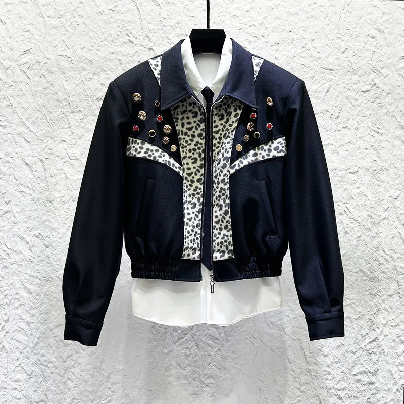 Leopard Patchwork Appliqués Zipper Jacket