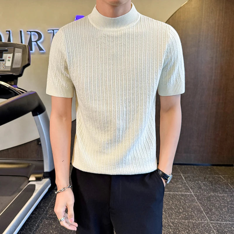 Stripe Textured Mock Neck T-Shirt