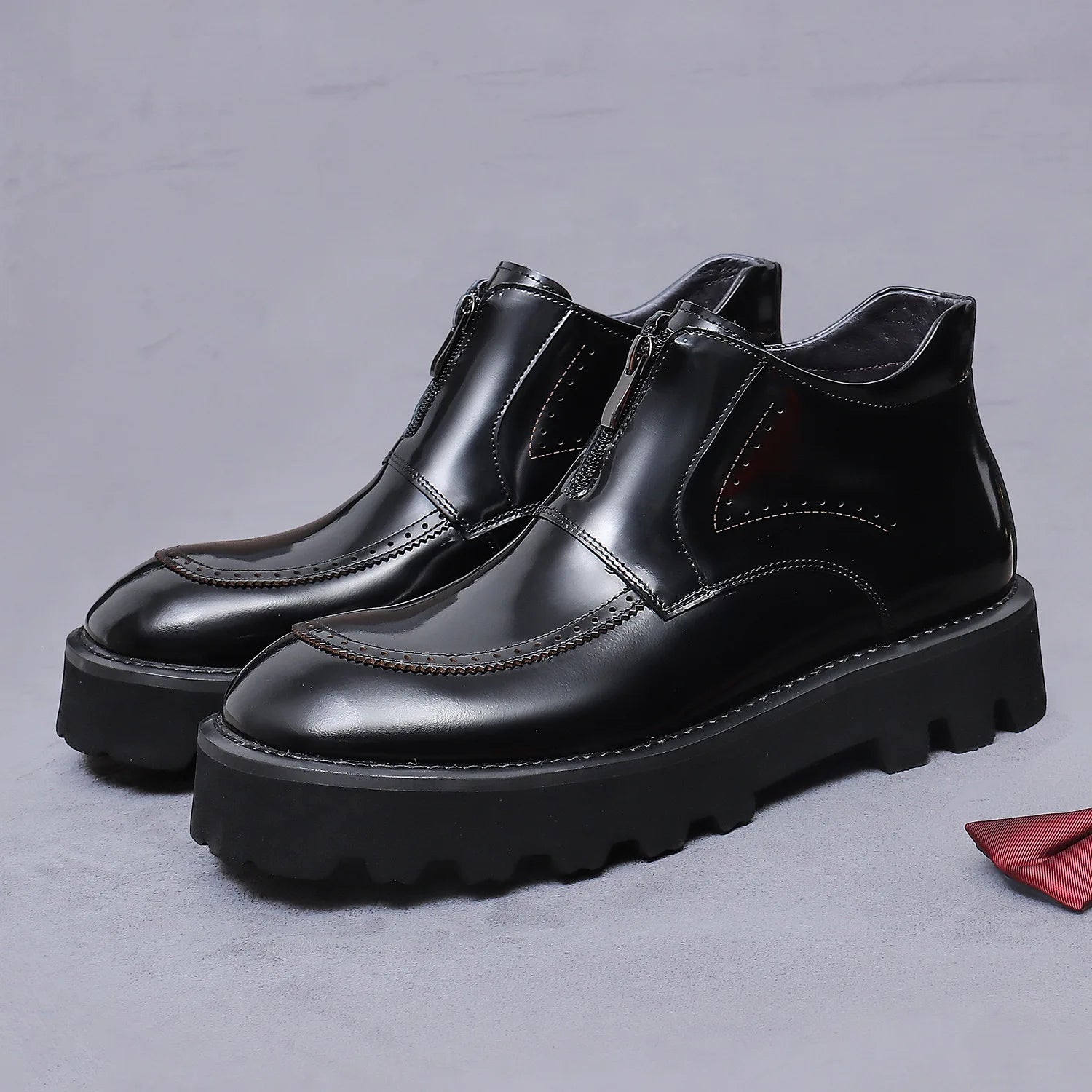 Thick Sole Zip-Up Brogue Ankle Boots