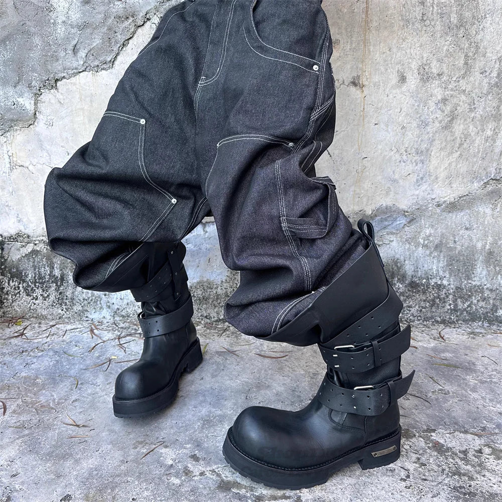 Big Round Toe Belt Buckle Motorcycle Boots