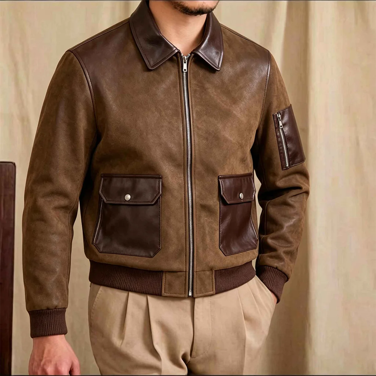 Leather Rib Collar Patchwork Bomber Jacket