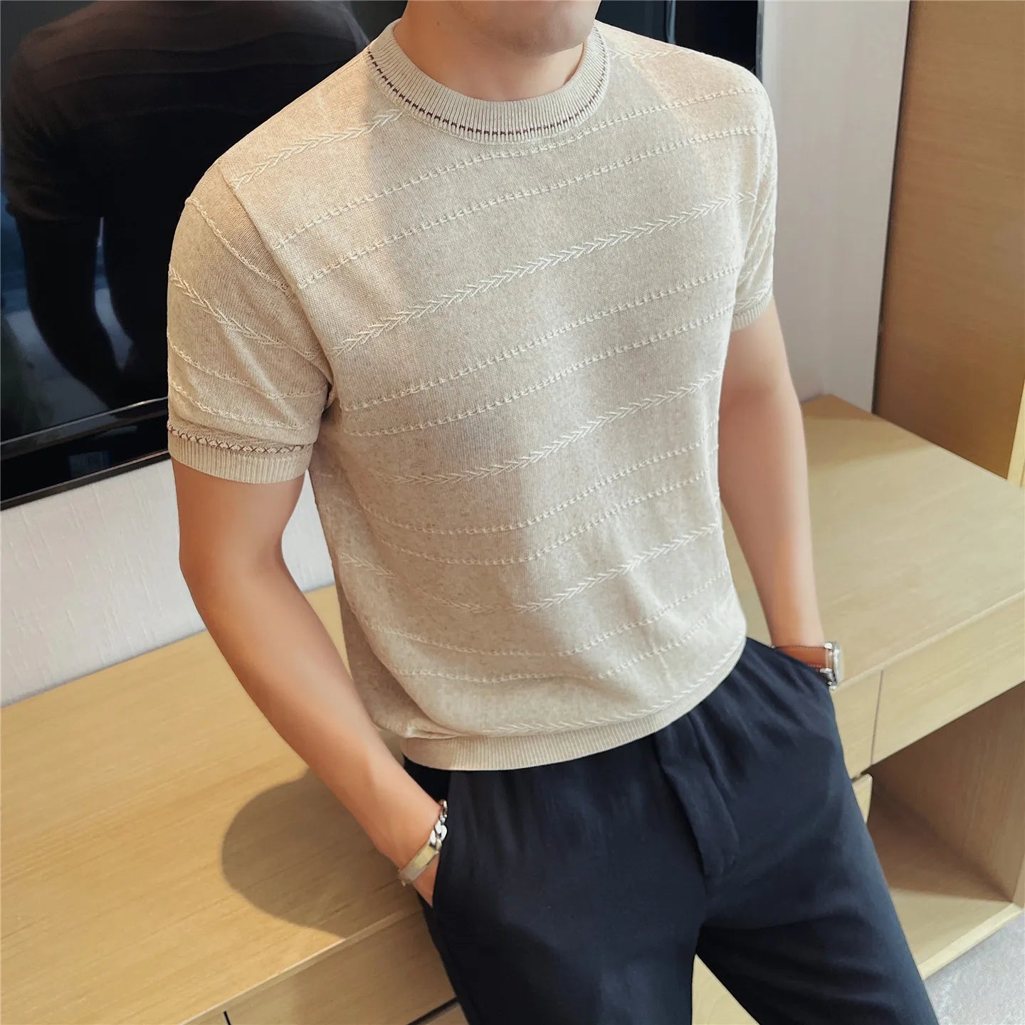 Textured Stripe Pattern Knit T-Shirt