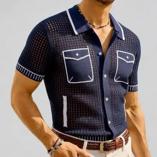 Hollow Out Knit Short-Sleeved Shirt