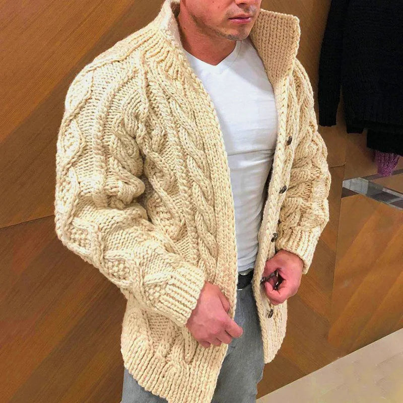 Solid Fitted Cable-knit Stand Collar Cardigan