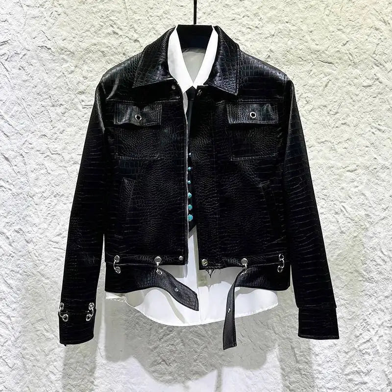 Metal Splicing Crocodile Leather Jacket
