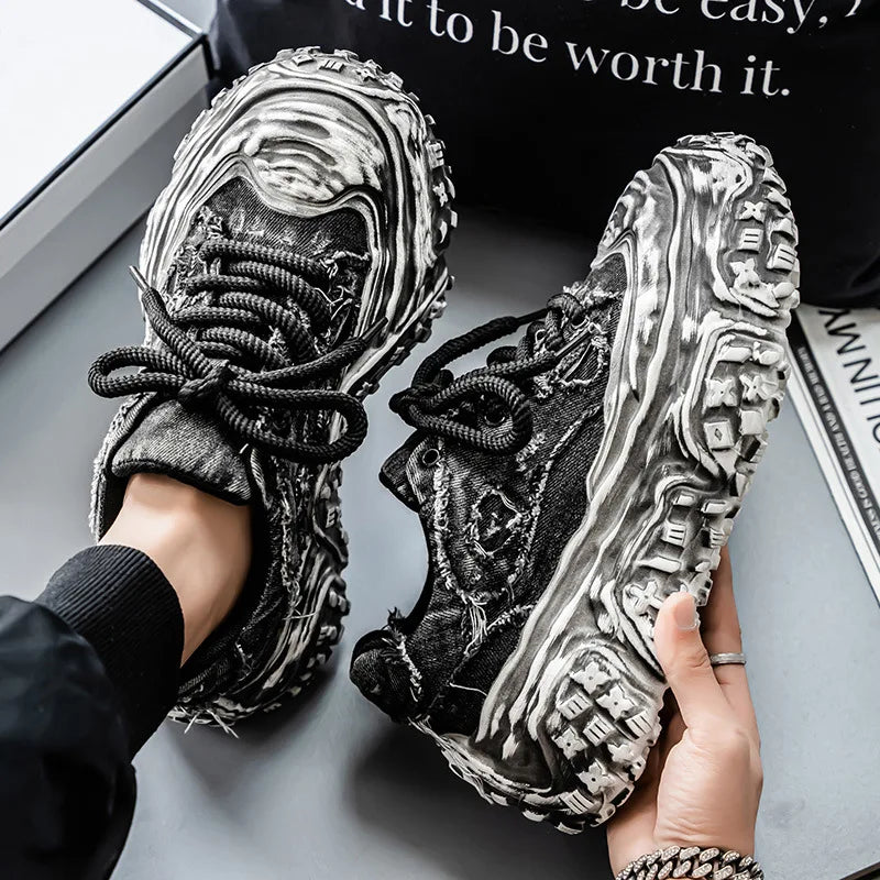 Geometric Distressed Denim Chunky Sneakers