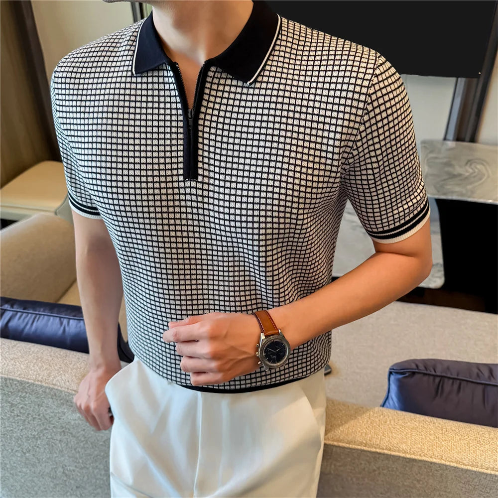 Knitted Checkered Zipper Polo Shirt