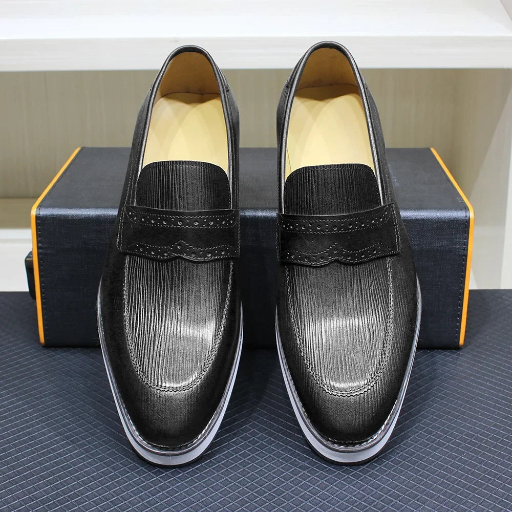 Striped Texture Genuine Leather Loafers