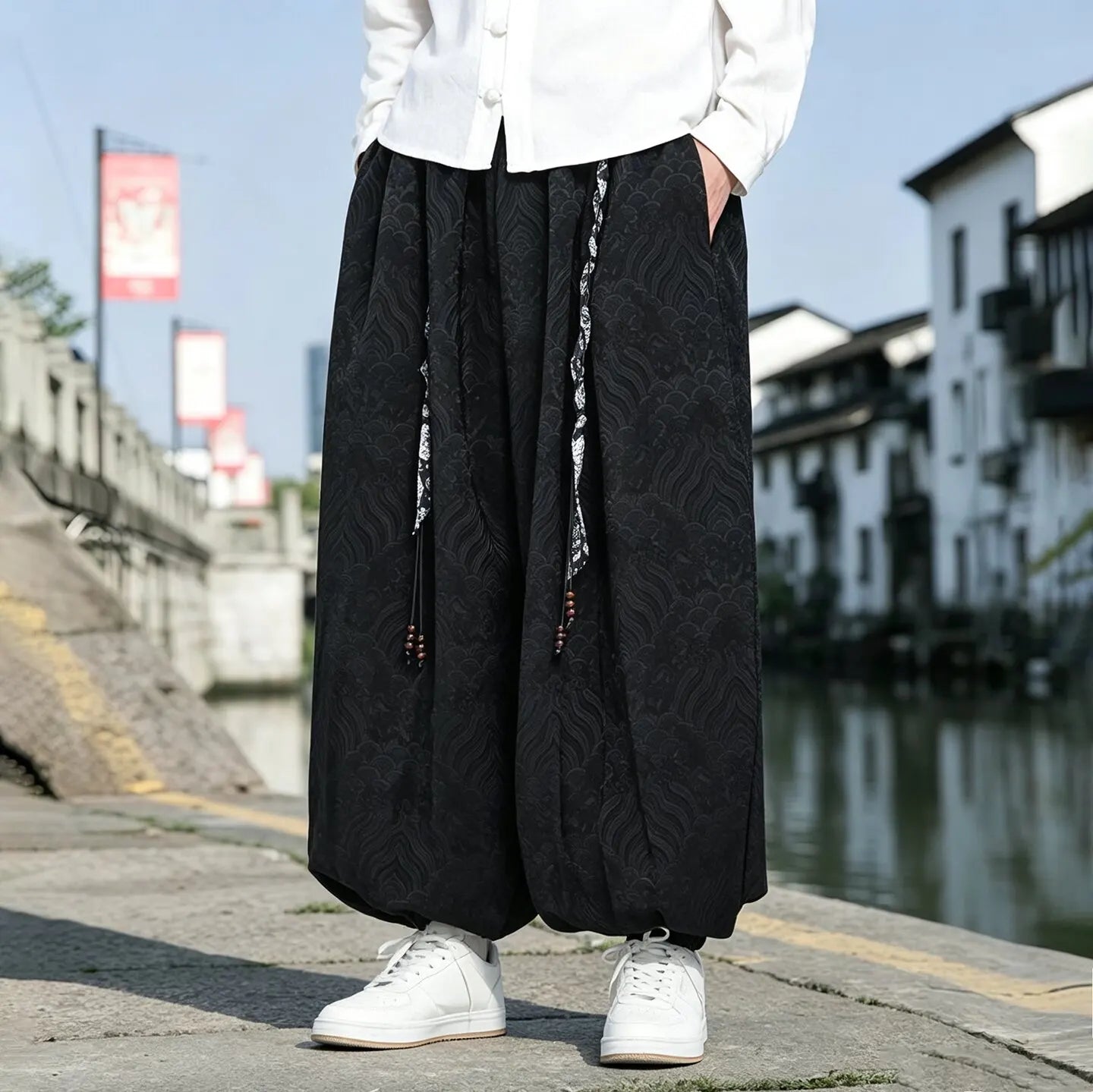Black Geometric Pattern Loose Pants