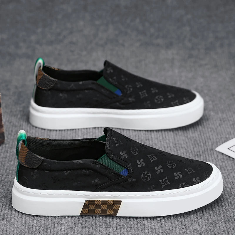 Black Geometric Pattern Slip-On Sneakers
