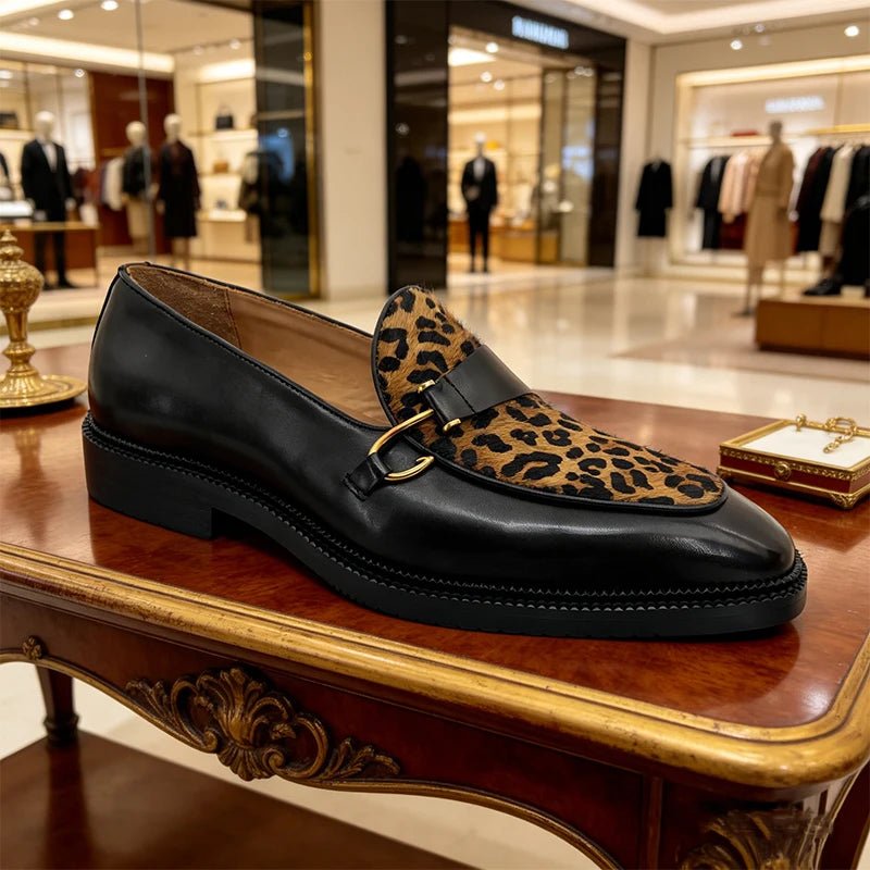 Metal Button Leopard Pattern Loafers