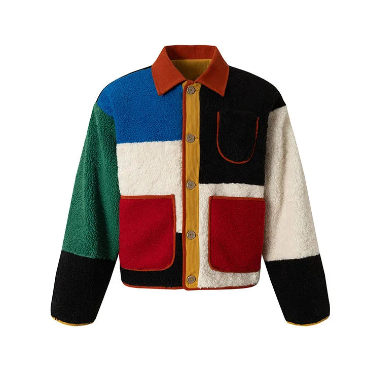 Trendy Color Block Patchwork Fluffy Jacket
