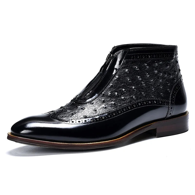 Ostrich Pattern Leather Wingtip Boots