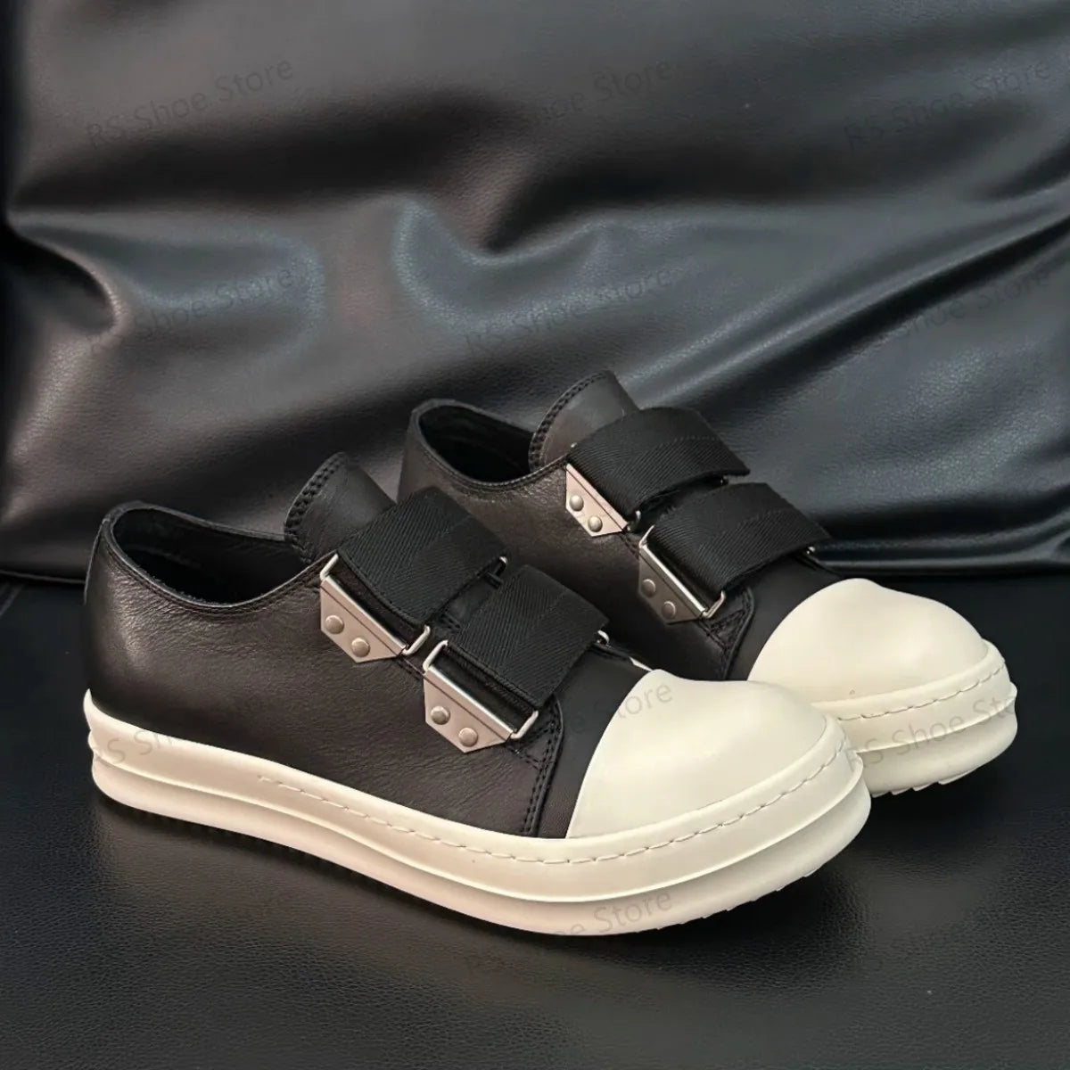 Low Top Black Leather Velcro Sneakers