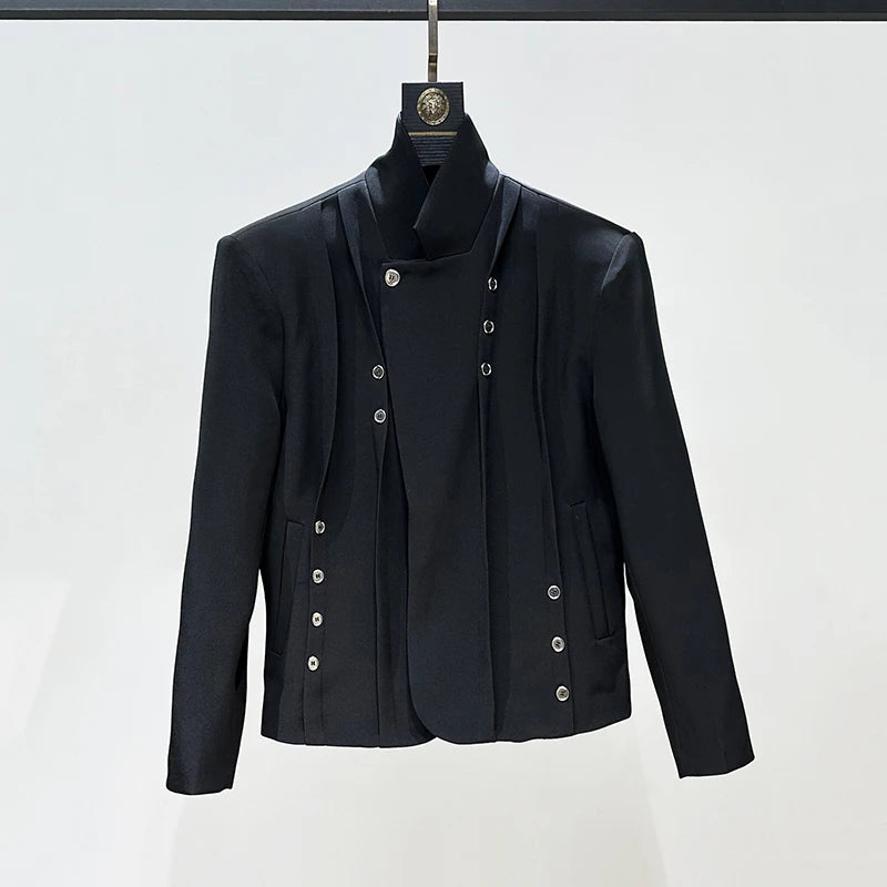 Buttons Stand Collar Padded Shoulder Blazer