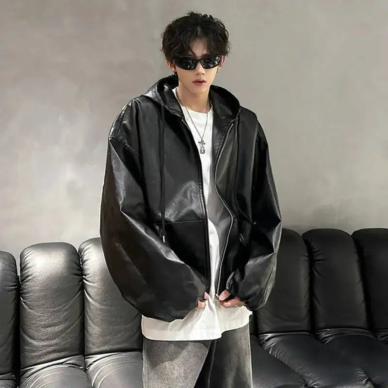 PU Leather Hooded Drawstring Jacket