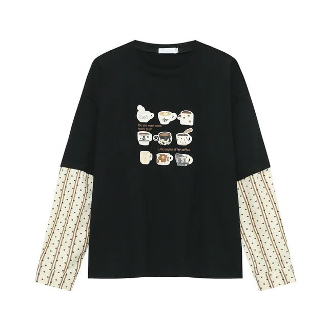 Cartoon Printing Patchwork Long Sleeve T-Shirt