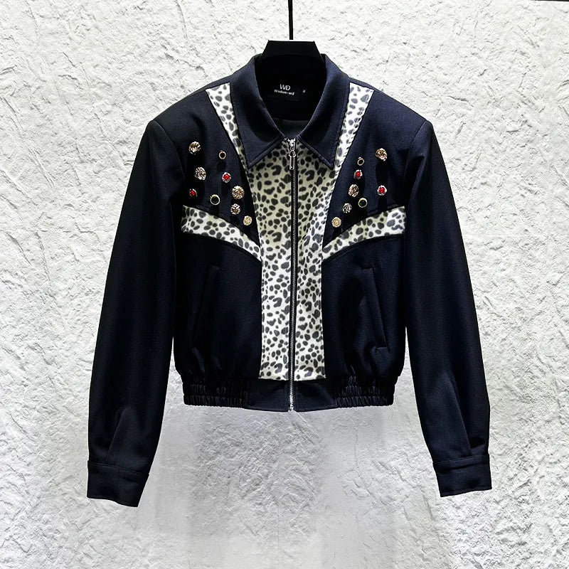 Leopard Patchwork Appliqués Zipper Jacket