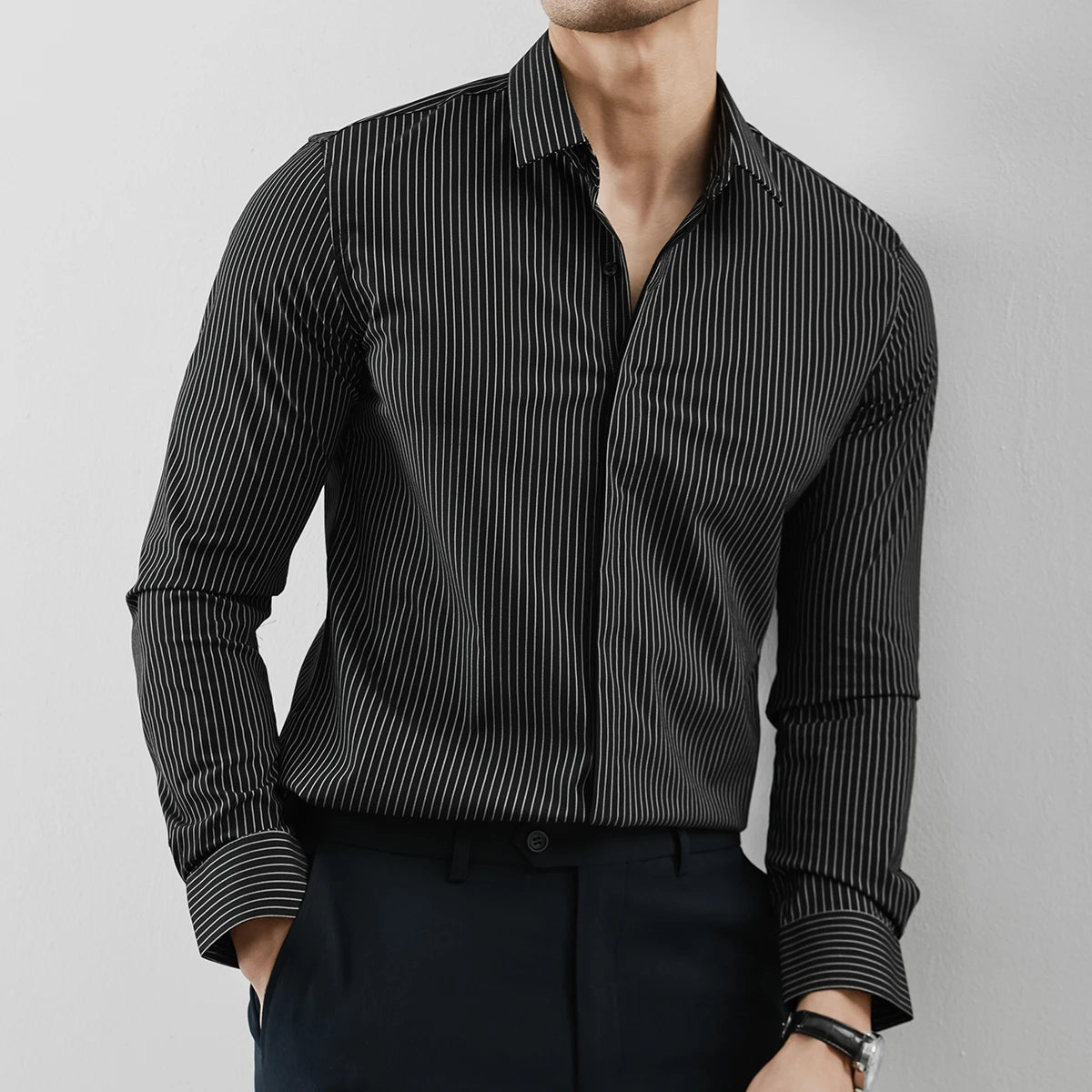 Striped Hidden Button Long Sleeve Shirt