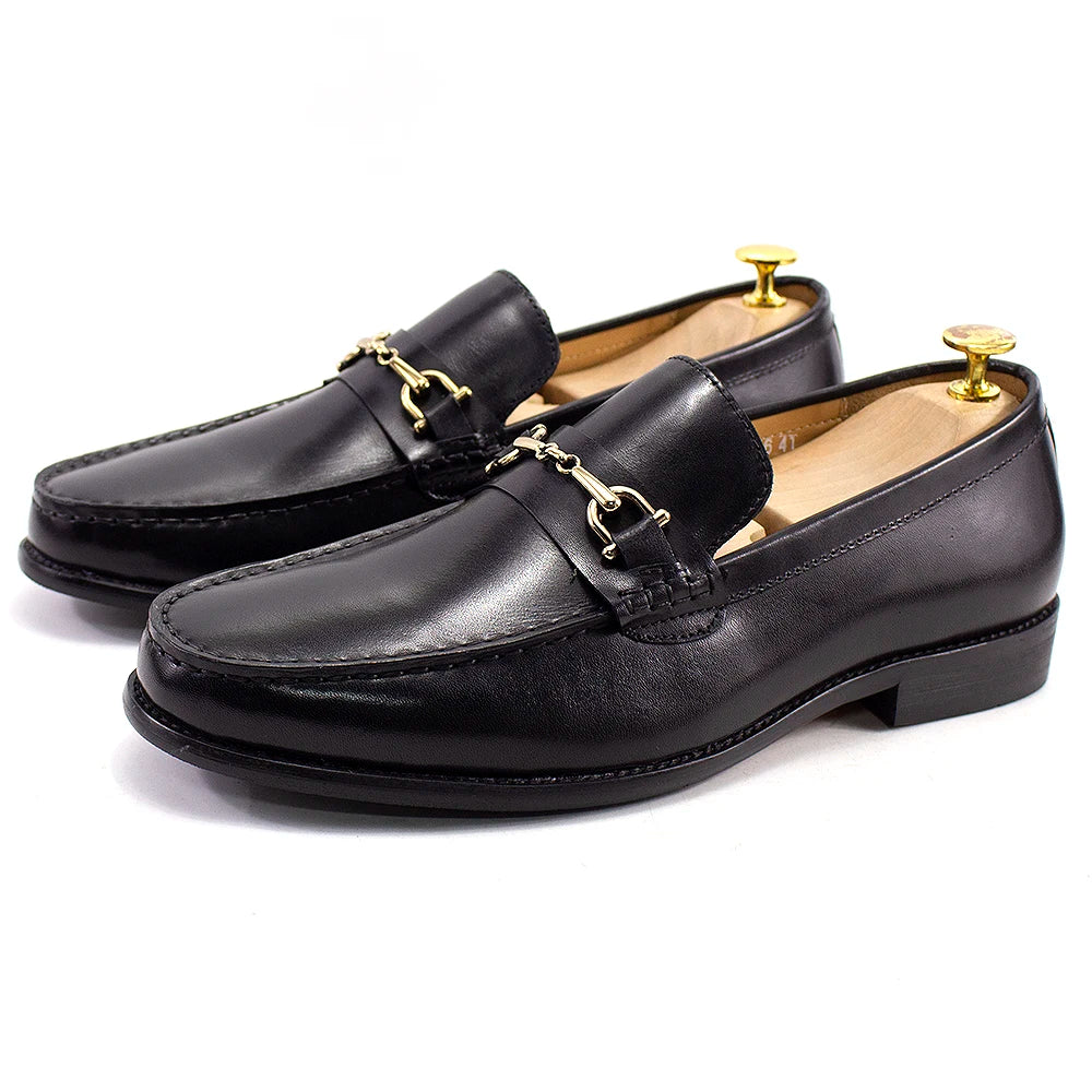 Metal Chain Round-Toe Leather Loafers