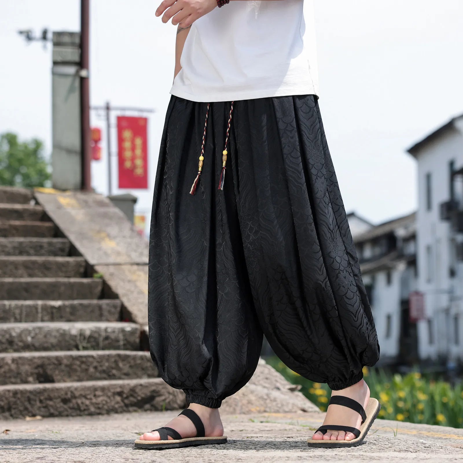 Geometric Chinese Pattern Wide-Leg Jogger Pants